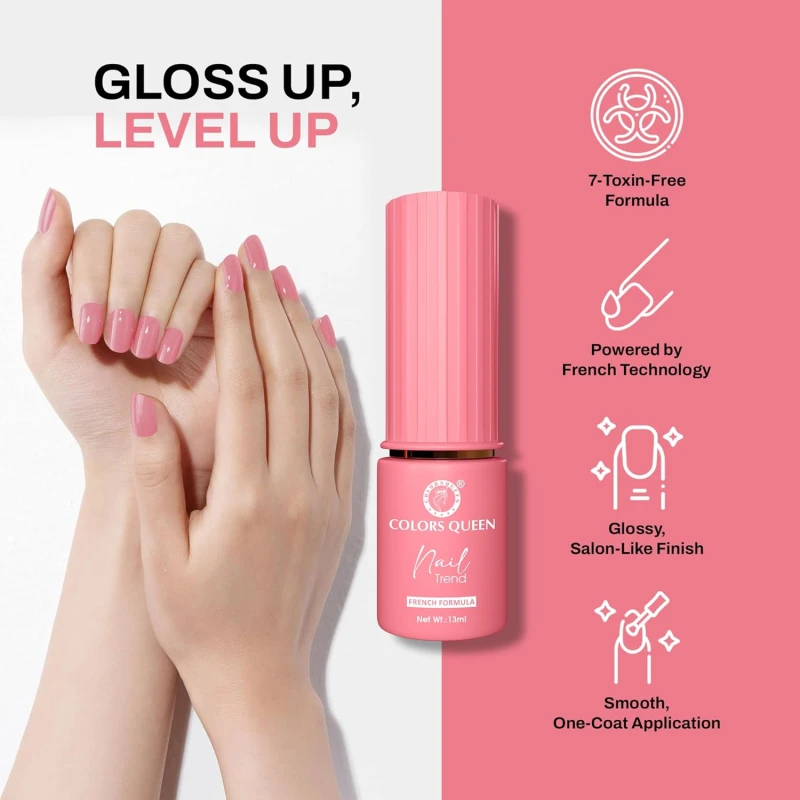 Colors Queen Nail Trend Glossy Nail Polish | Chip Resisting & Quick Drying Nail Paint with High Shine | 7 Toxin Free Formula | Vegan & Cruelty Free | Long Lasting & Vibrant Nail Paint for Women (Ballet Pink, 13ml) thumbnail 3